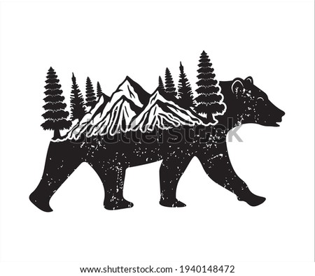 Mountain And Bear Printable Vector Illustration, Mountain Clipart, Bear Clipart, Mountain And Bear clipart, Tree Mountain Decoration, Nature Art, Illustration  vector 