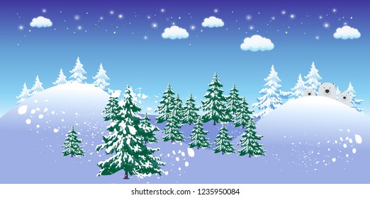 Mountain Bear, Snow Pine and Blue Sky vector illustration
