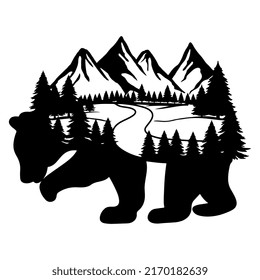 Mountain Bear,bear and mountain landscape,double exposure for your design, wildlife concept,bear and forest,vector,silhouette
