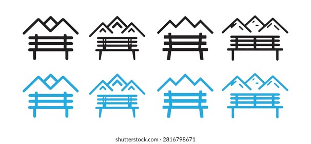 Mountain bench icons set. Vector line art symbols of landscape and seating.
