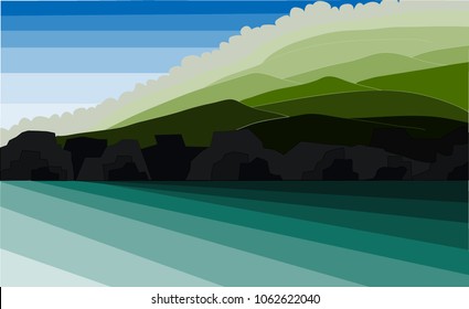 
Mountain between the forest and sea have sky are background. Vector illustration.