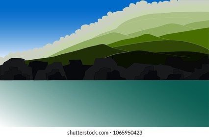 Mountain between the forest and sea have sky are background. Vector illustration.