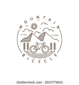 Mountain and bicycle monoline or line art style vector illustration