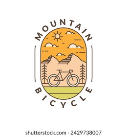 Mountain and bicycle monoline or line art style vector illustration, design can be for t shirts, sticker, printing needs	