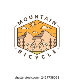 Mountain and bicycle monoline or line art style vector illustration, design can be for t shirts, sticker, printing needs	