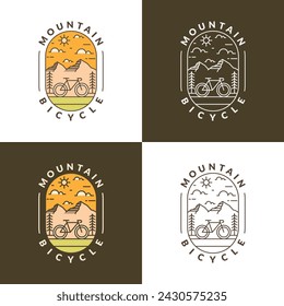Mountain and bicycle monoline or line art style vector illustration, design can be for t shirts, sticker, printing needs	