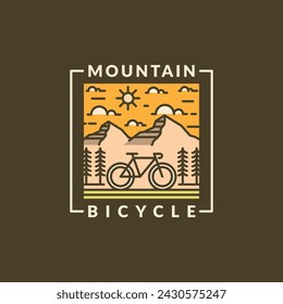 Ilustración vectorial de estilo de arte de línea o monolínea de montaña y bicicleta, el diseño puede ser para camisetas, pegatinas, necesidades de impresión	