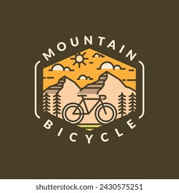 Mountain and bicycle monoline or line art style vector illustration, design can be for t shirts, sticker, printing needs	