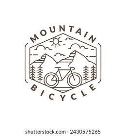 Mountain and bicycle monoline or line art style vector illustration, design can be for t shirts, sticker, printing needs	