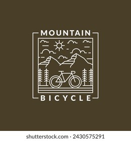 Ilustración vectorial de estilo de arte de línea o monolínea de montaña y bicicleta, el diseño puede ser para camisetas, pegatinas, necesidades de impresión	