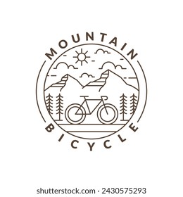 Ilustración vectorial de estilo de arte de línea o monolínea de montaña y bicicleta, el diseño puede ser para camisetas, pegatinas, necesidades de impresión	