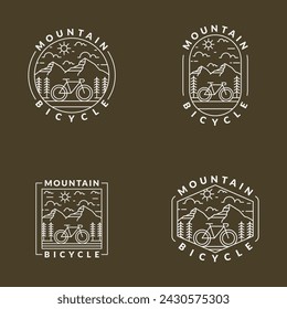 Mountain and bicycle monoline or line art style vector illustration, design can be for t shirts, sticker, printing needs	