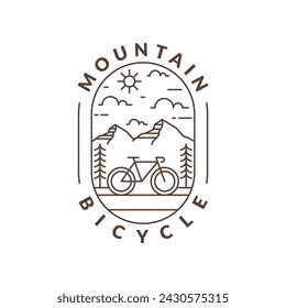 Ilustración vectorial de estilo de arte de línea o monolínea de montaña y bicicleta, el diseño puede ser para camisetas, pegatinas, necesidades de impresión	