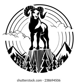 Mountain bighorn sheep. Vector illustration in the engraving style