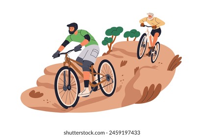 Mountain bike adventure on rocky trail. Active men friends cyclists in helmets, riding bicycles, extreme cycling. MTB riders track, travel. Flat vector illustration isolated on white background