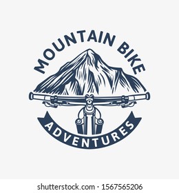 Mountain bike adventures vintage logo template with handlebar and mountain illustration