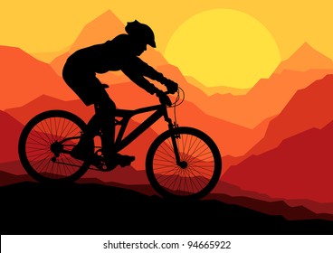 Mountain bike bicycle rider in wild mountain nature landscape background illustration vector