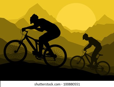 Mountain bike bicycle riders in wild mountain nature landscape background illustration vector