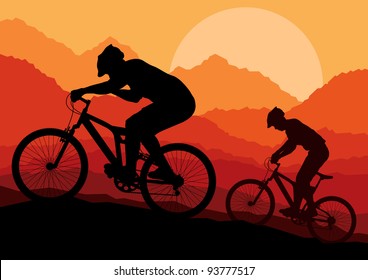 Mountain bike bicycle riders in wild nature landscape background illustration vector