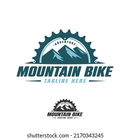 Mountainbike-Club-Vektorlogo, Design-Abenteuer für Fahrräder, hochwertiges Mountainbike-Emblem mit Fahrradsymbol und Bergelementdesign