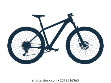 Mountain bike, cross country, mtb, downhill bicycle in black silhouette view side. Vector realistic isolated illustration.