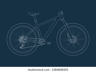 Bicicleta de montaña, cross country, mtb, bicicleta cuesta abajo en forma de boceto contorno en vista lateral. Ilustración vectorial en línea aislada en fondo oscuro.