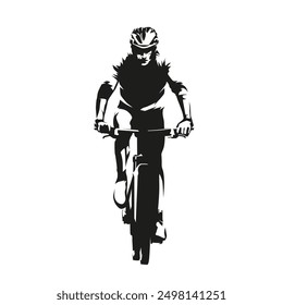 Mountain bike cycling, biker, front view, abstract isolated vector silhouette