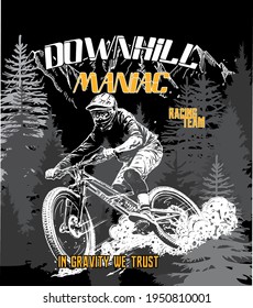 mountain bike cycling in the forest vintage retro poster illustration, mtb bike . extreme sport , mtb downhill