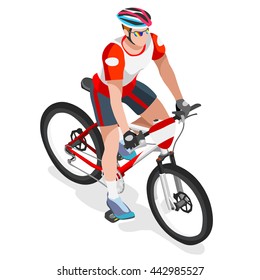 Mountain Bike Cyclist Bicyclist Athletes Sportsman Bicycle Games. 3D Isometric Athlete. Sporting Championship People Competition. Sport Infographic Mountain Bike Race events Vector Image