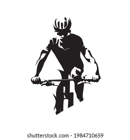 Mountain bike cyclist. MTB cycling logo. Abstract isolated vector silhouette, front view