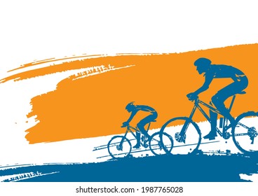 Mountain bike cyclists, banner background. 
Colorful backdrop with two stylized cyclists on expressive brush stroke. 