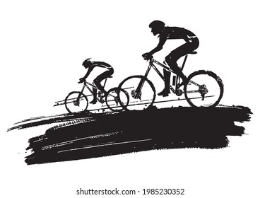 Mountain bike cyclists, grunge stylized. 
Stylized Illustration of two cyclists on expressive brush stroke.The image does not show real people.Vector available.