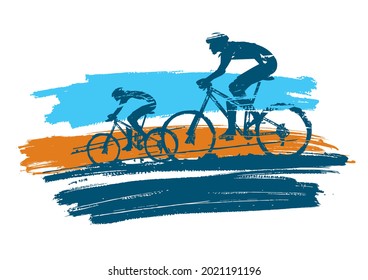 Mountain bike cyclists, grunge stylized.
Illustration of two cyclists on colorful expressive brush stroke. Isolated on white background. Vector available.