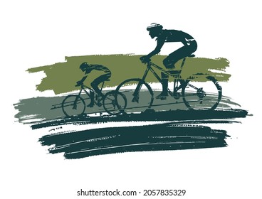 Mountain bike cyclists, grunge stylized.
Illustration of two cyclists on colorful expressive brush stroke. Isolated on white background. Vector available.