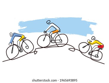 Mountain bike cyclists, line art stylized cartoon.
Illustration of three cyclists on a hill. Isolated on white background. Vector available.