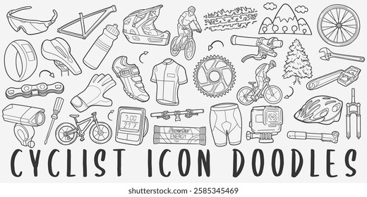 Mountain Bike Doodle Icons Black and White Line Art. MTB Clipart Hand Drawn Symbol Design.