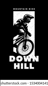 Mountain bike, downhill. Banner, t-shirt print design on a dark background.