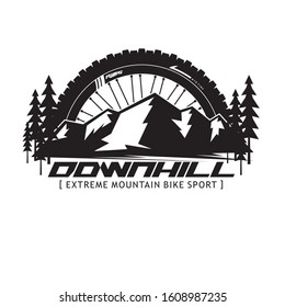 mountain bike downhill logo with wheel and mountain