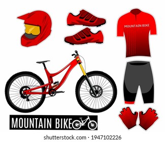 Mountain bike or downhill sport equipment icon set, consisting of bicycles, jerseys, shoes, helmets, gloves and drinking bottles