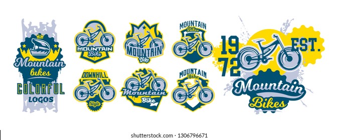 Mountain bike emblem set. Sport bike logo. Sport bicycle, downhill, mtb, bmx, race, extreme. Colorful collection, vector illustration