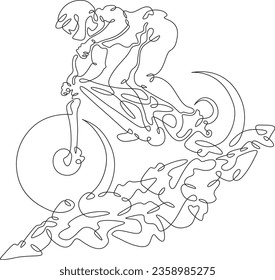 Mountain bike. Extreme sport. Cyclist. Sportsman on a bicycle.Landscape. One continuous line. Linear. Hand drawn, white background.