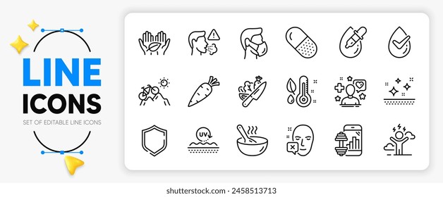 Mountain bike, Fair trade and Cough line icons set for app include Medical mask, Capsule pill, Thermometer outline thin icon. Cook, Dermatologically tested, Carrot pictogram icon. Vector