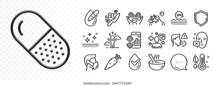 Mountain bike, Fair trade and Cough line icons for web app. Glare of light effect. Message icon. Pack of Medical mask, Capsule pill, Thermometer pictogram icons. Vector