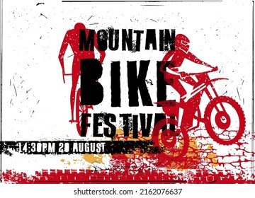 Afiche del festival de ciclismo de montaña. Fondo de aventura extremo fuera de carretera con letras de grueso creativo. Ilustración vectorial en negro, color rojo útil para publicidad, impresión, folleto, diseño de volante