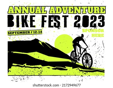 Mountain bike festival poster. Extreme offroad freestyle adventure background with creative grunge lettering. Vector illustration in black, green color useful for advert, print, leaflet, flier design