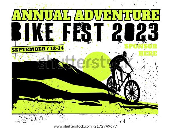 Mountain bike festival poster. Extreme offroad\
freestyle adventure background with creative grunge lettering.\
Vector illustration in black, green color useful for advert, print,\
leaflet, flier design