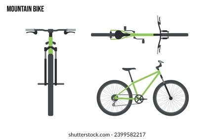 Mountainbike Flach-Design-Illustration, öffentliche Fahrzeuge, Draufsicht, Seitenansicht, Draufsicht, Draufsicht einzeln auf weißem Hintergrund