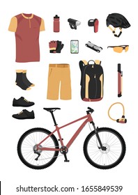 Mountainbike-Hardtail-Ausrüstung und Zubehör. farbige Vektorillustration