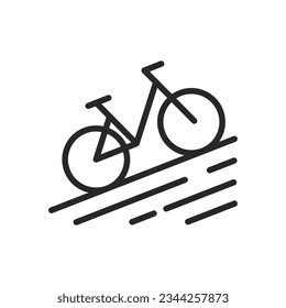 Icono de la bicicleta de montaña. Signo editable del contorno del vector de la aventura de ciclismo de montaña Uphill. Ilustración Mínima Lineal de Ciclismo.