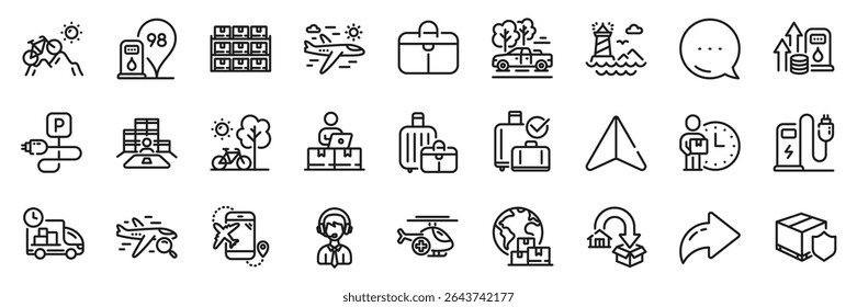 Mountain bike, International delivery and Pickup line icons pack. Share, Message, Paper plane icons. Inventory, Petrol station, Delivery web icon. Vector